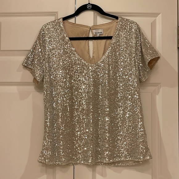 Heartloom, large, V-neck, short, sleeved, champagne, sequin blouse - Picture 1 of 4